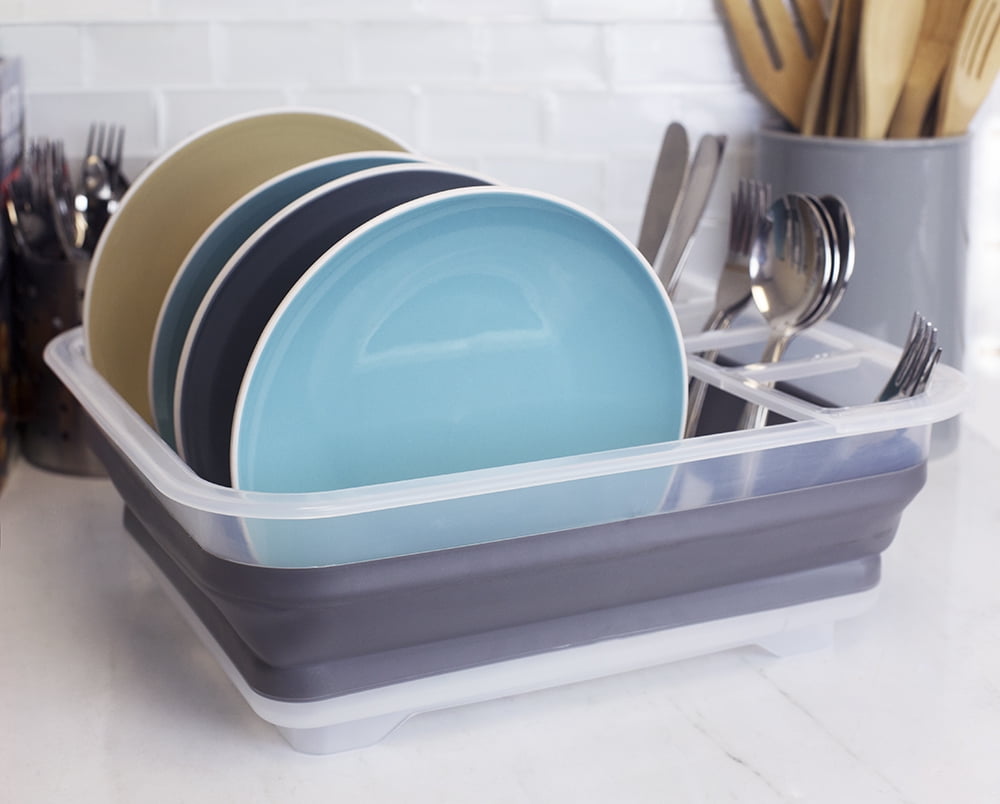 Home Basics Collapsible Plastic and Silicone Dish Rack, Clear