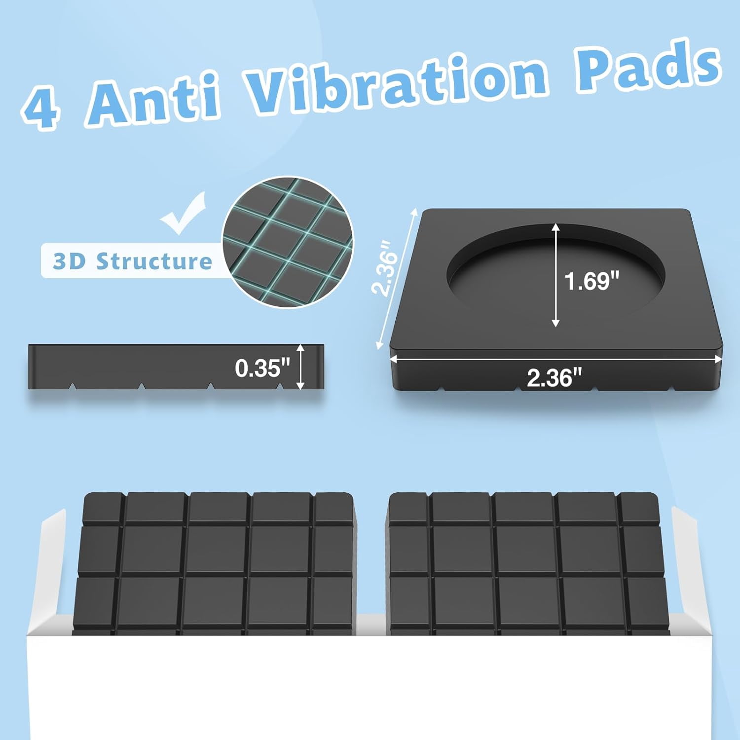 Anti Vibration Pads for Washing Machine, Anti Vibration Pads Prevent Washer & Dryer Moving Shaking Walking, Noise Dampening Anti Vibration Washing Machine Support, Shock Absorbing Mat-Square