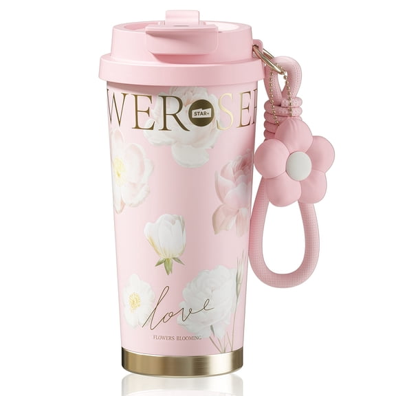 Sidagar 18 oz Ceramic Lined Coffee Tumbler, Stainless Steel Travel Cup with Leakproof Lid, Floral Pink