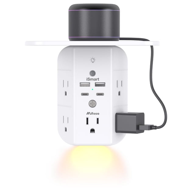 Extensor de enchufe Mifaso de pared con estante, luz nocturna, 5 AC, 2 USB A, 2 USB C