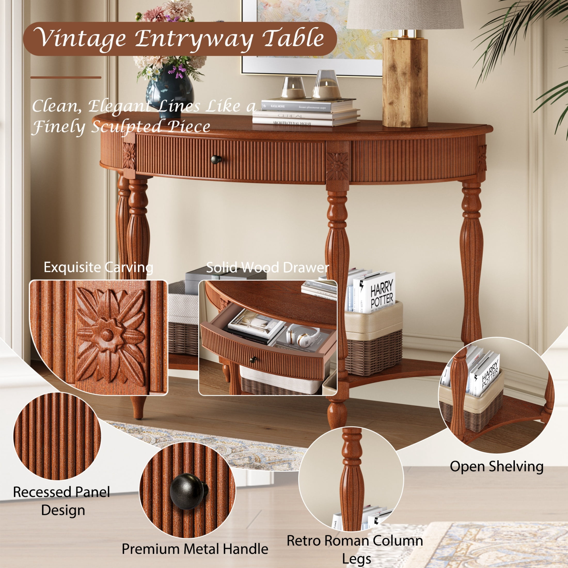 Accent Console Table with Semicircle Tabletop, Drawer & Shelf, Fluted Vintage Entryway Display Table, Sofa Table with Roman Legs