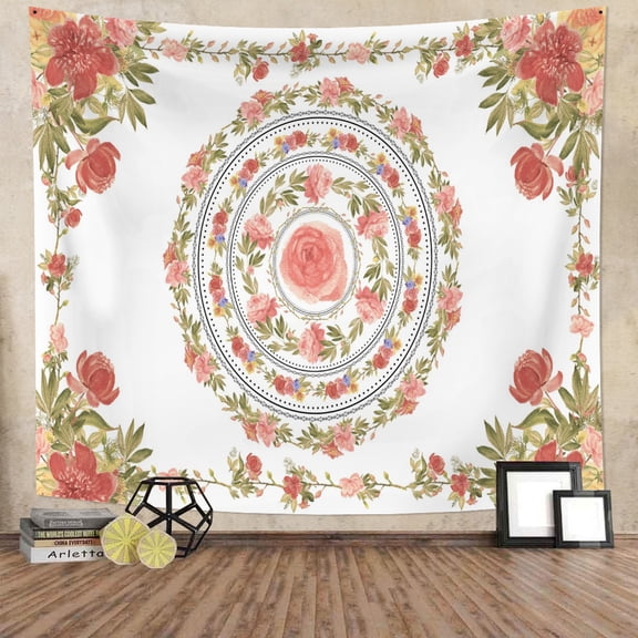 Dashan Mandala Tapestry Wall Hanging,Boho Pink Floral Tapestries for College Dorm Living Room 50x40 Inches
