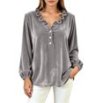 thumbnail image 5 of NominalSnug Women's Velvet Tops Ruffle V Neck Dressy Casual Blouse Long Sleeve Top Elegant Vintage Party Shirt for Fall Winter, 5 of 7