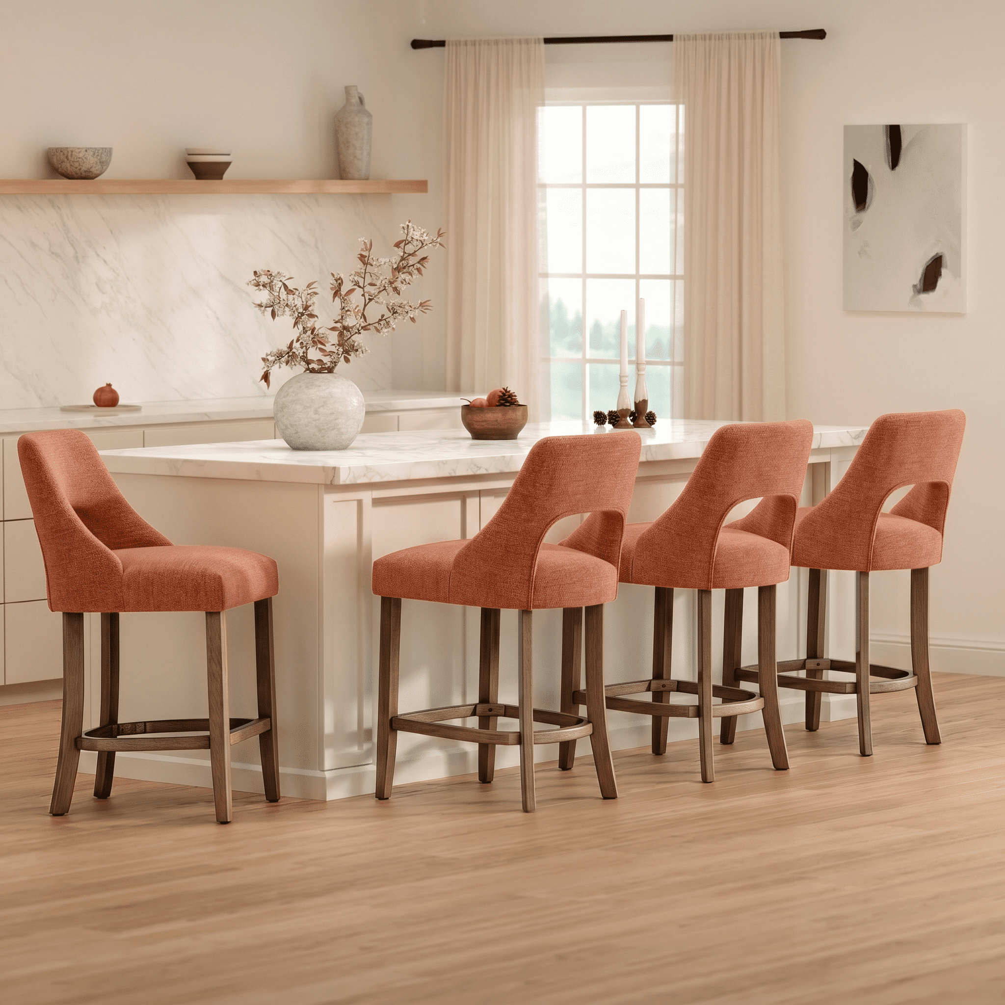 PORKISS 26" Bar Stools Set of 2, Upholstered Kitchen Island Stools with Hollow Back, Mid-Century Counter Stools with Wood Legs Footrest, Orange