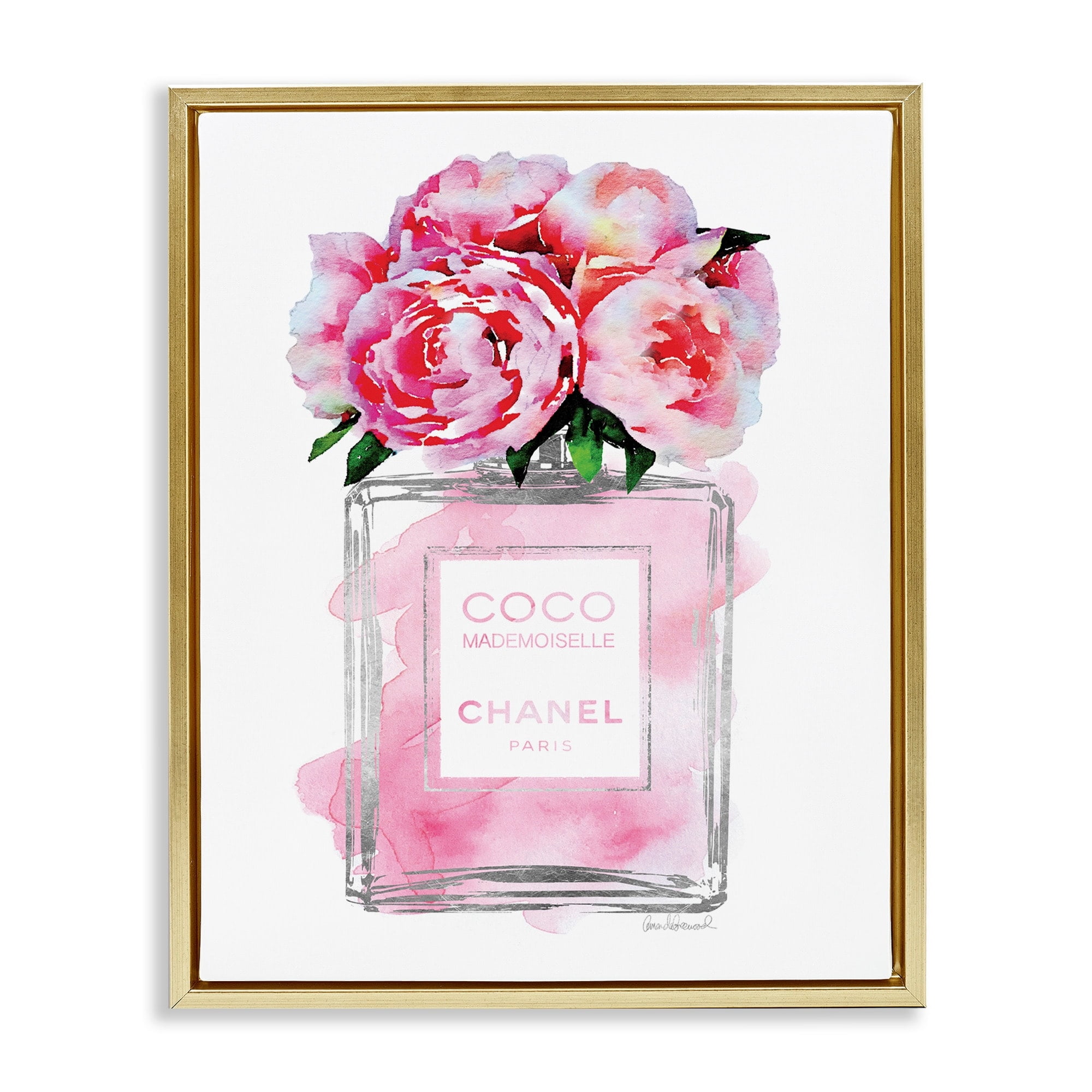 Stupell Industries Glam Perfume Bottle V2 Flower Silver Pink Peony Metallic Gold Framed Floating Canvas Wall Art, 16x20, by Amanda Greenwood