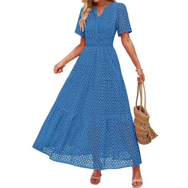 Vestido largo ZESICA 2025 de verano con manga corta y cuello en V para mujer