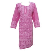 Mogul Womens Indian Tunic  Dress Pink Cotton Kurti Lucknowi Embroidered Caftan