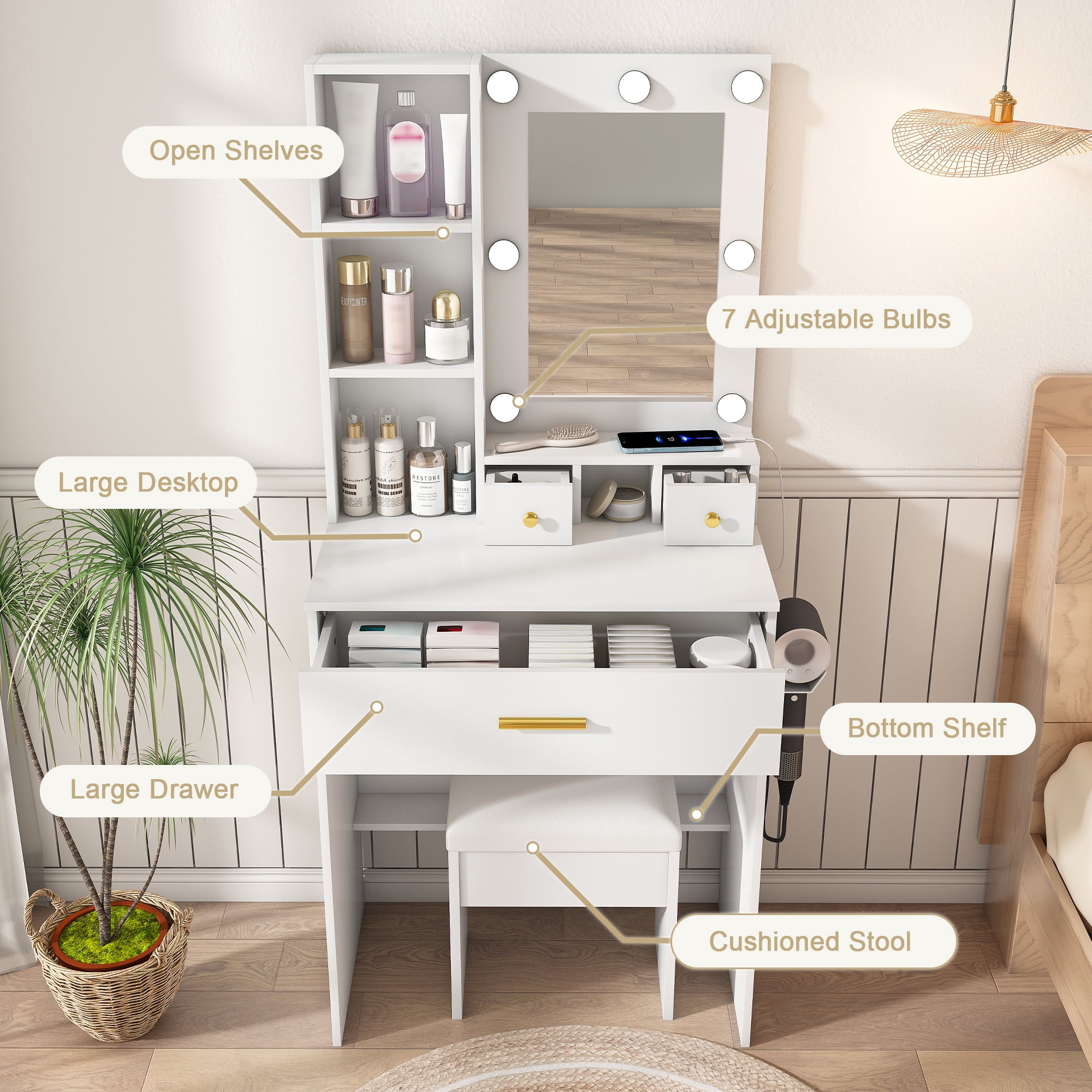 Compact Makeup Vanity Table with Adjustable LED Light Mirror, Built-in Power Outlet, Hairdryer Holder & Padded Stool, Multi Drawer Storage Dressing Table for Small Bedroom