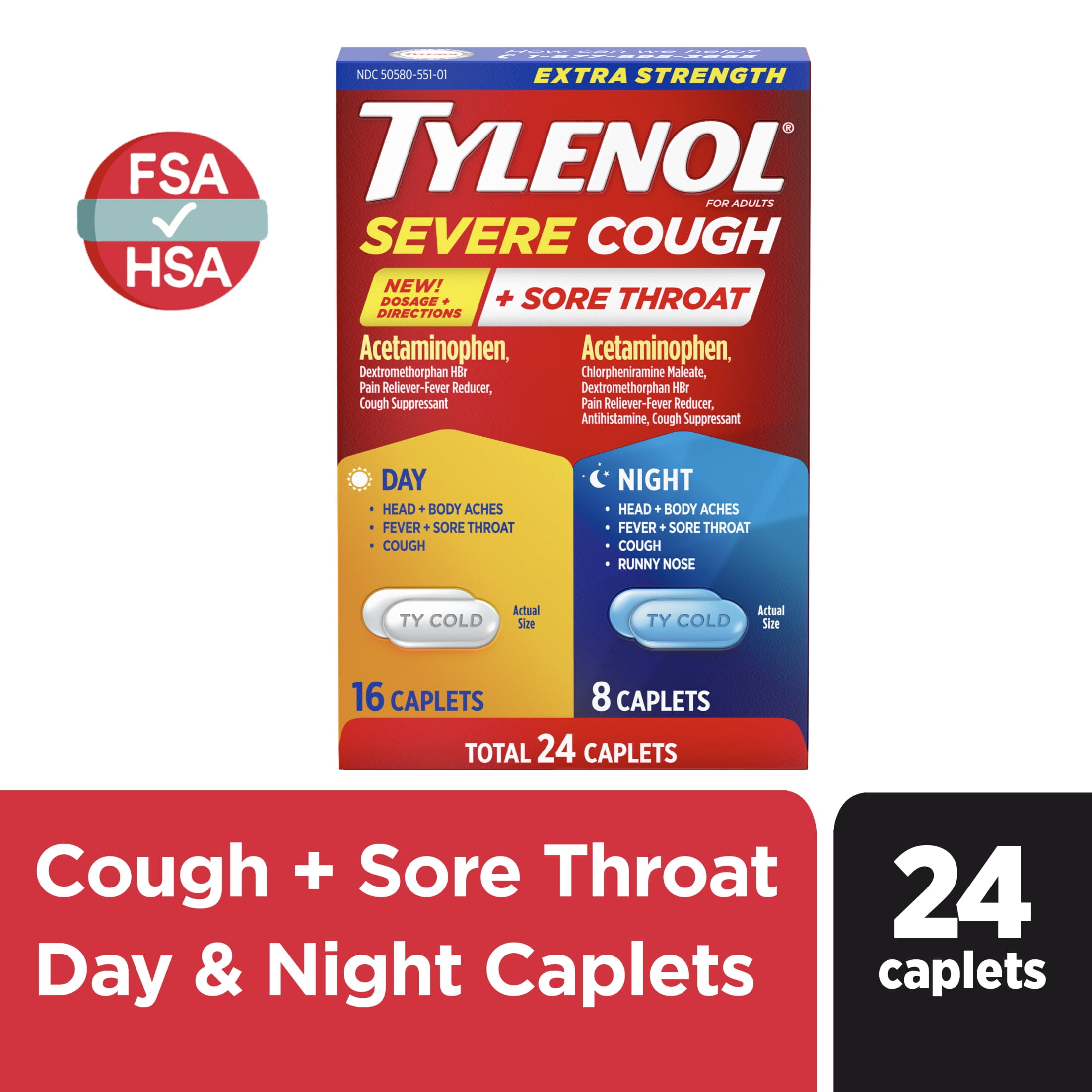 Tylenol Extra Strength Cough + Sore Throat Day & Night Caplets, 24 Count