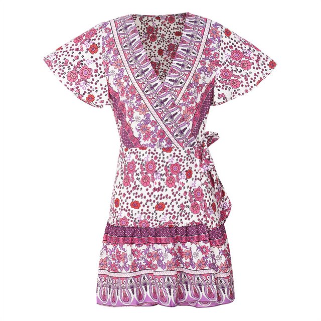 Fortune Femmes Bohemia Robe d'Été Robe de Plage à Manches Courtes Profonde V-Cou en Vrac Robe Florale
