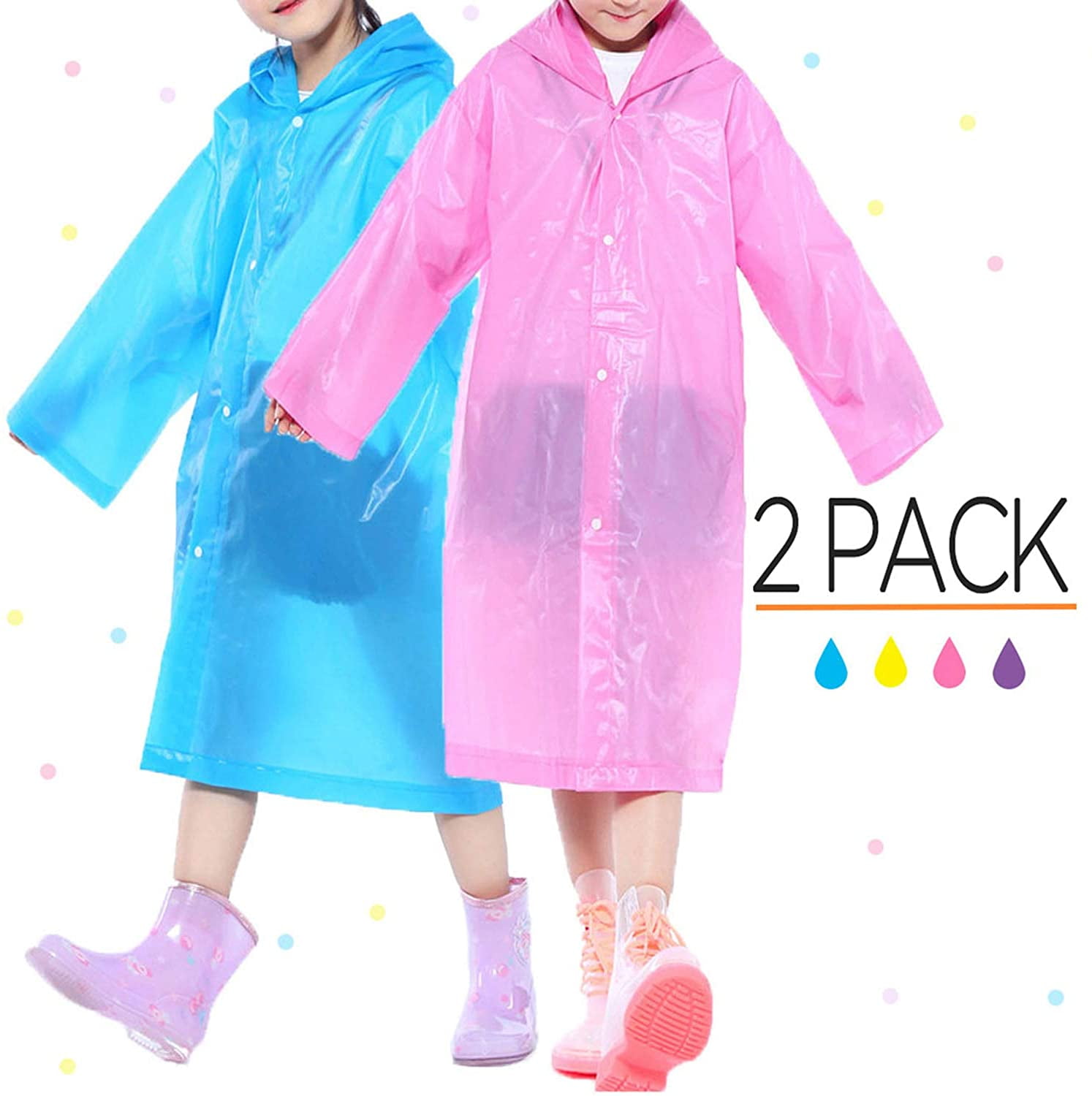 2 Pack Rain Poncho for Kids Reusable EVA Raincoat Child Emergency Ponchos Rain Jacket with Hood for 6-14 Girls Boys 