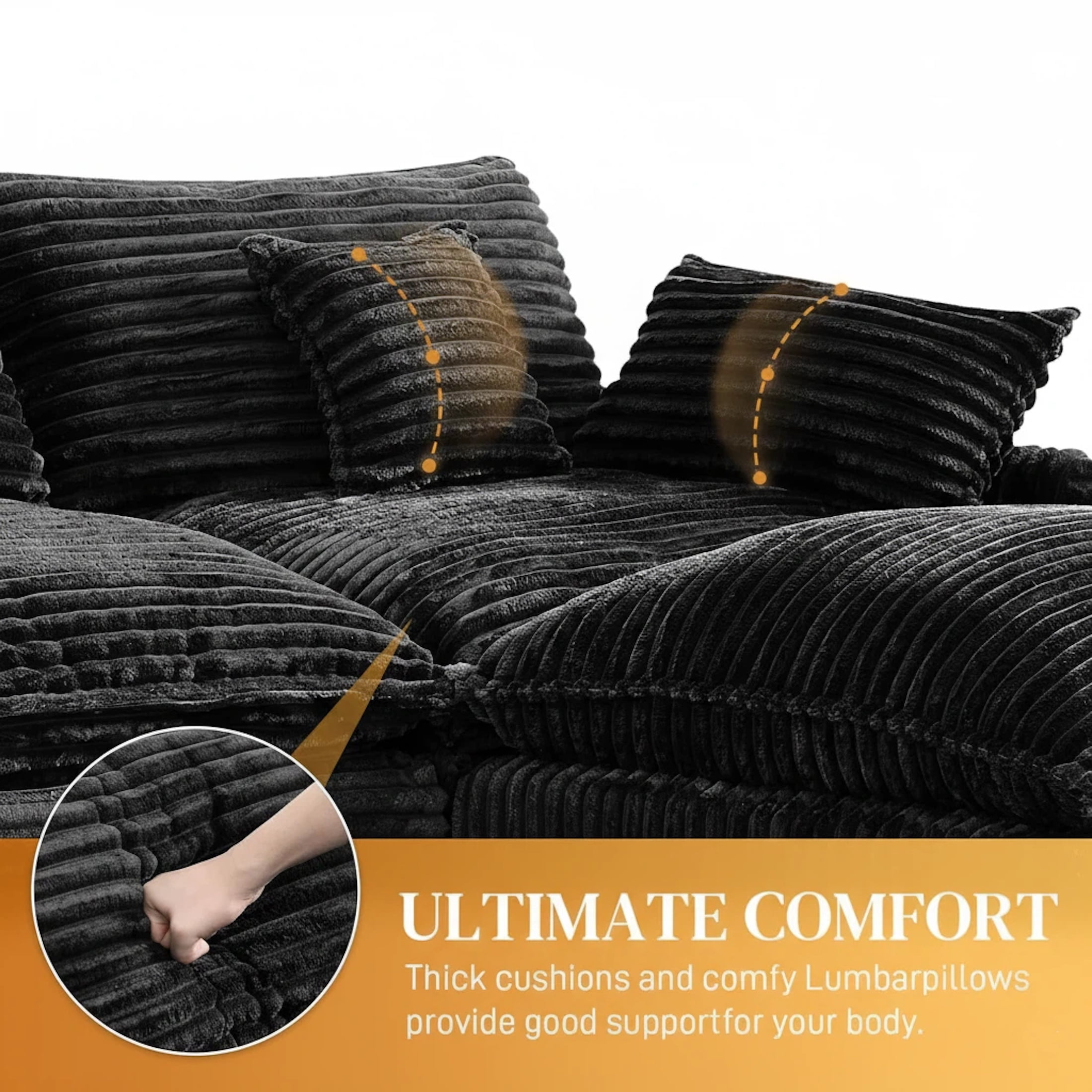 Aisword 145" U Shaped Cloud Couch Sectional with USB Charging, Hidden Storage, Cup Holders & Chenille Double Chaise, Black