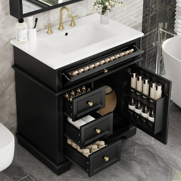 30" Compact Bathroom Vanity with Sink, 1 Tip-Out Drawer, 3 Deep Drawers, Door Shelf, Soft-Close Hinges & Black Finish for Modern Bathrooms