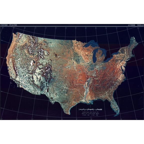 24"x36" Gallery Poster, satellite image map of continental united states AVHRR