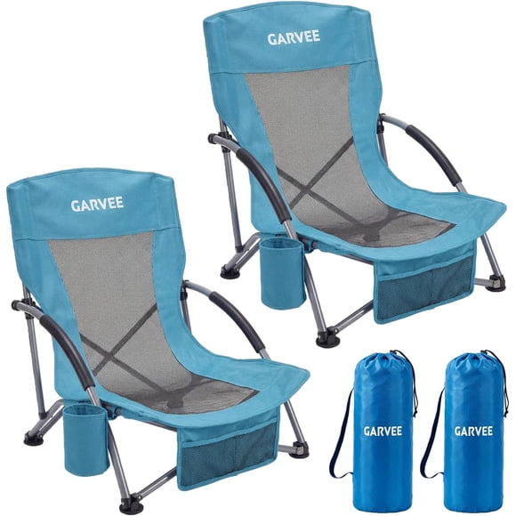 Garvee Low Back Folding Beach Chair, Set of 2, 24.8 x 22.9 x 26.4", Blue