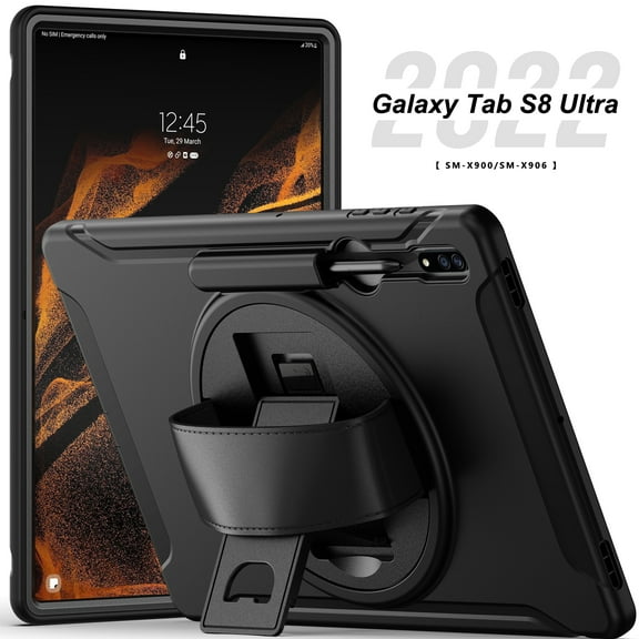 Allytech Galaxy Tab S8 Ultra Case 14.6-inch SM-X900 X906, Build-in Pencil Holder Heavy Duty Protection Rotating Kickstand Hand Strap Kids Proof Case Cover for Samsung Galaxy Tab S8 Ultra 14.6" 2022