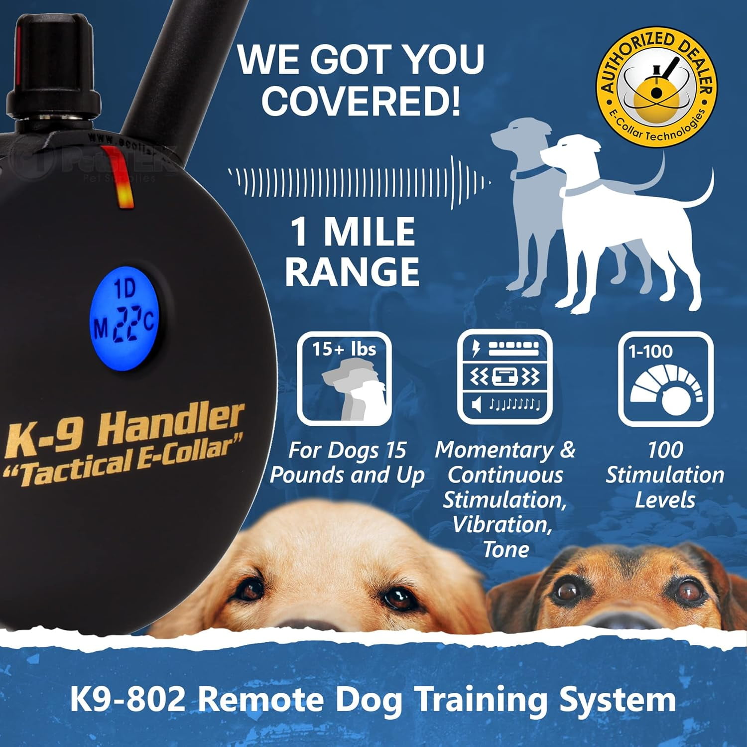 The Educator K9 Handler K9-802 Remote Training E-Collar Tactical Dog Training Made Easy  1-Mile Range 2-Dog System 33" Bungee Collar 100 Static Stimulation Levels with “Lock and Set” Pavlovian Tone