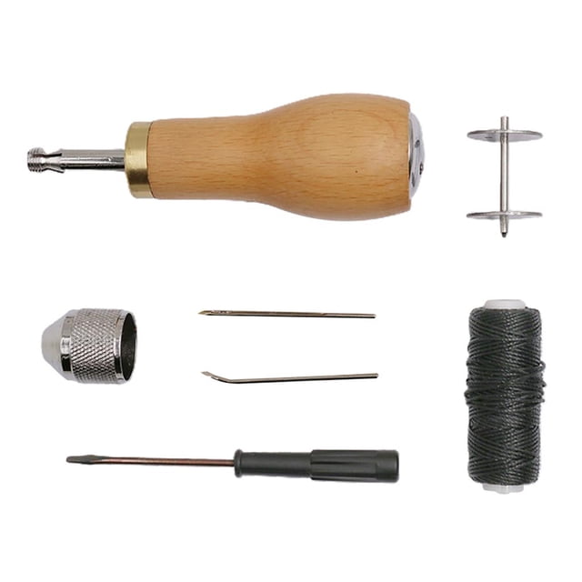 7 piezas de accesorios de artesanía en cuero. Agujas de punzón y dedal de perforación de cordón de encerado de material cuero para kusrkot Agujas de coser artesanales
