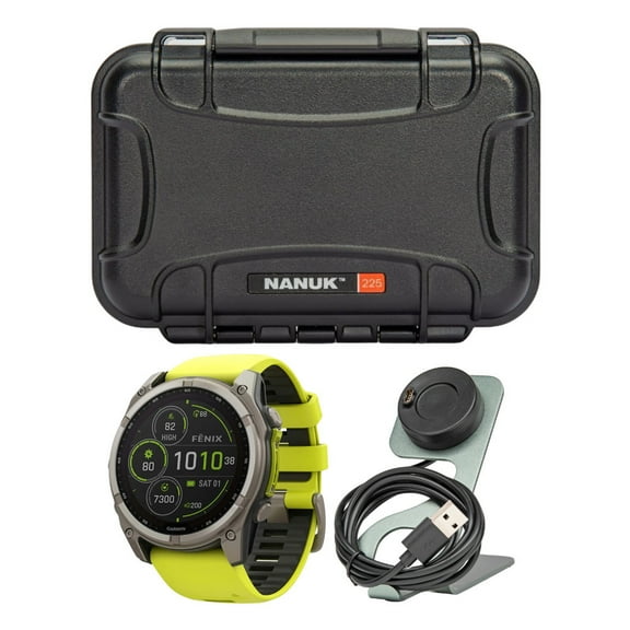 Garmin Fenix 8 Sapphire 51mm GPS Smartwatch with 1.4-Inch AMOLED Display (Amp Yellow and Graphite) Bundle with Waterproof Hard Case (Black) and Focus Camera Charger Stand (3 Items)