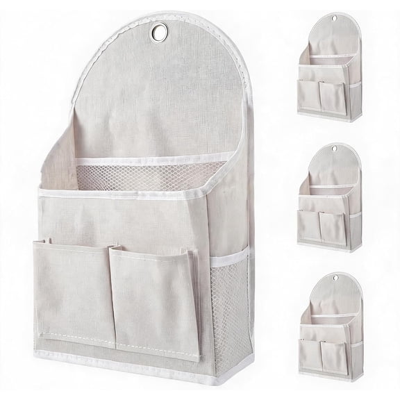 Hanging Wall Storage Organizer 4 Pack, Waterproof Cotton Linen Pocket Storage Bags with Mesh Side Pockets and Metal Grommets, K-White