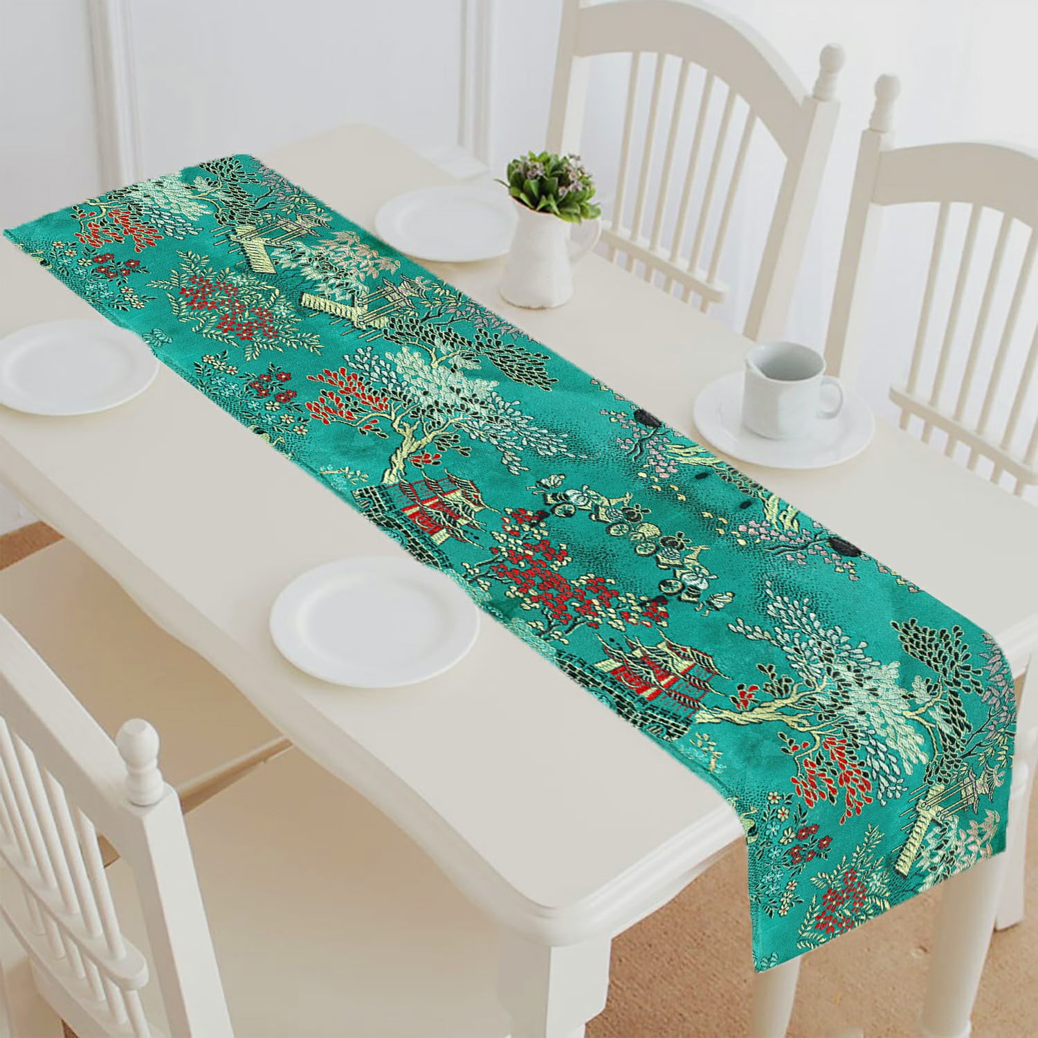 ABPHQTO Vintage Traditional Oriental Silk Embroidery Table Runner