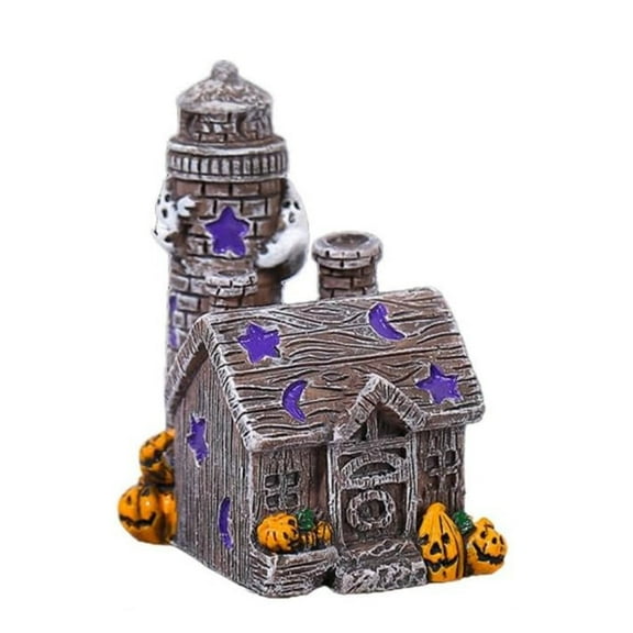 WMGHA Halloween Village Ornaments Accessories,Haunted House Figurine with Bat Ghost Pumpkin for Halloween Decor,Large Pre-Lit Lighted Resin Village Statue for Indoor Outdoor Party Table Decor