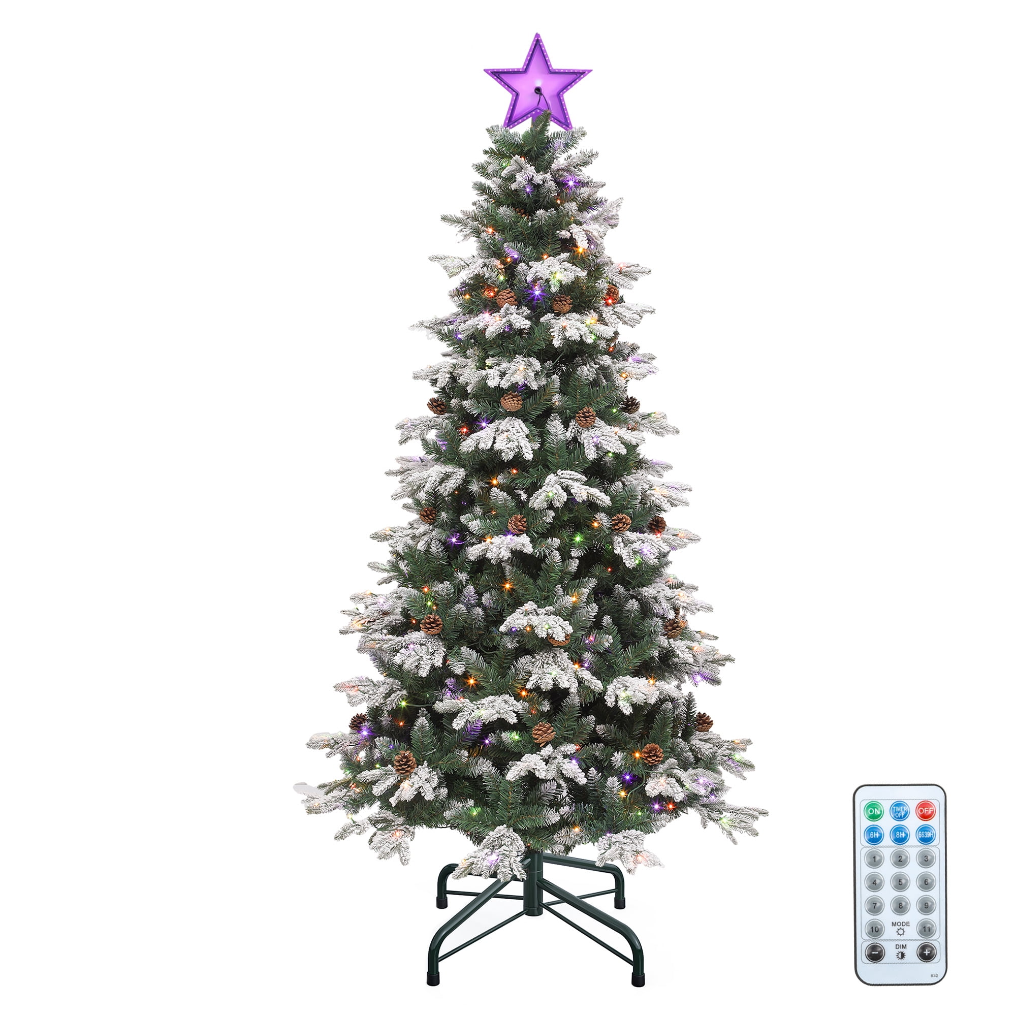 Uforic 7.5ft Prelit Flocked Tiered Christmas Tree with 1200 Tips, 400 Remote-Controlled Lights, and Pine Cones