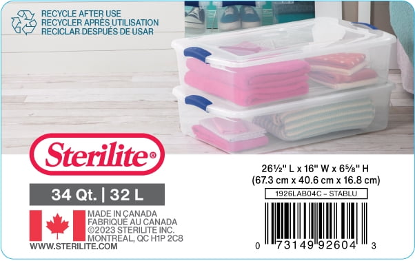 Sterilite Boîte à loquets de 32 litres, boîte de rangement en plastique transparent avec couvercle et loquet bleu