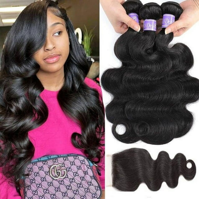 Paquetes De Cabello Humano Con Cierre Hd Cabello Virgen Brasileño Onda Corporal 100% Sin Procesar Paquetes De Cabello Virgen Brasileño Ondulado Con Cierre De Encaje 4X4 Extensiones De Cabello Humano B