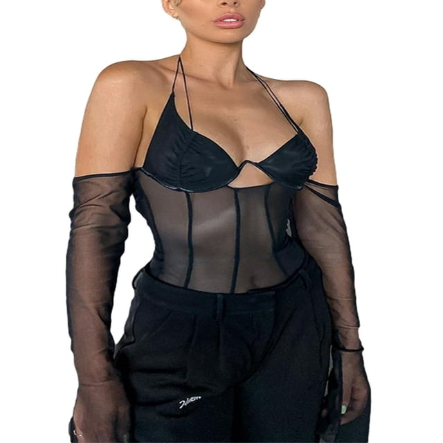 Women Mesh Patchwork Sheer Blouses Halter Off Shoulder See Through Top