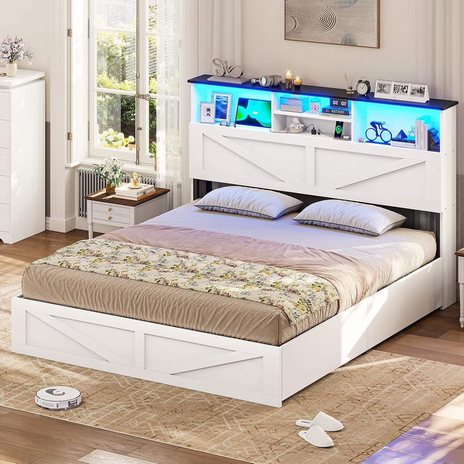 Queen Size Farmhouse Bed Frame with Bookcase & Storage Drawers LED Wooden Platform Storage Bed, No Box Spring Needed, White