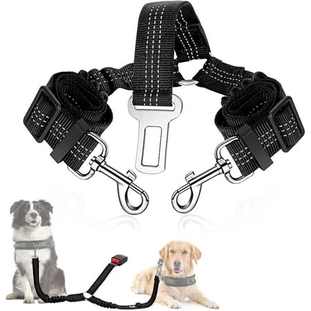 AUTOWT Dog Seat Belt, Double Dog Seatbelt Adjustable Vehicle Safety Leash with Elastic Bungee Buffer, Reflective No Tangle Y Shape Two Dog Harness Black Seat Belt Splitter for Pets Car Trip