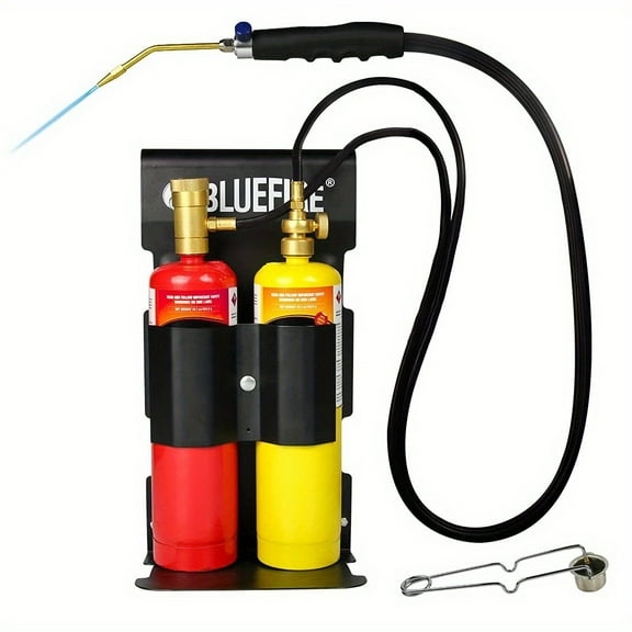 BLUEFIRE Oxypropane Welding Gas Cutting Torch Kit with Flint Lighter And Cylinder Holder Rack - for Jewelers Hvac Map Gas Torch Kit Brazing Mapp Gas Torch, Soldering Oxy Acetylene Torch Kit Tanks