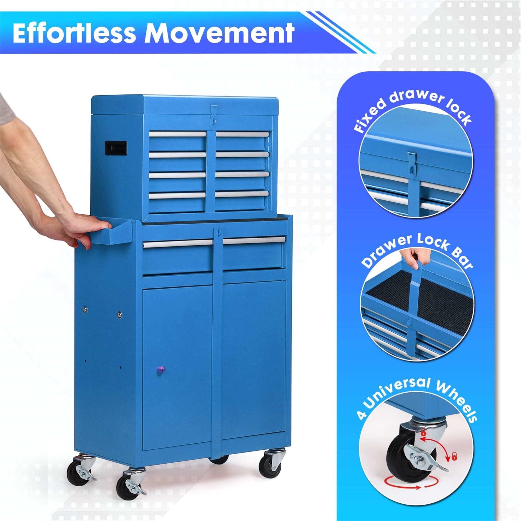 Aukfa Tool Box, 2-in-1 Rolling Tool Chest & Cabinet on Wheels for Garage Workshop, 5-Drawer, Blue