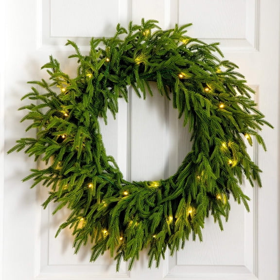 Nearly Natural Pre-Lit Norfolk Island Pine Artificial Wreath - 24" Warm White LED Lights