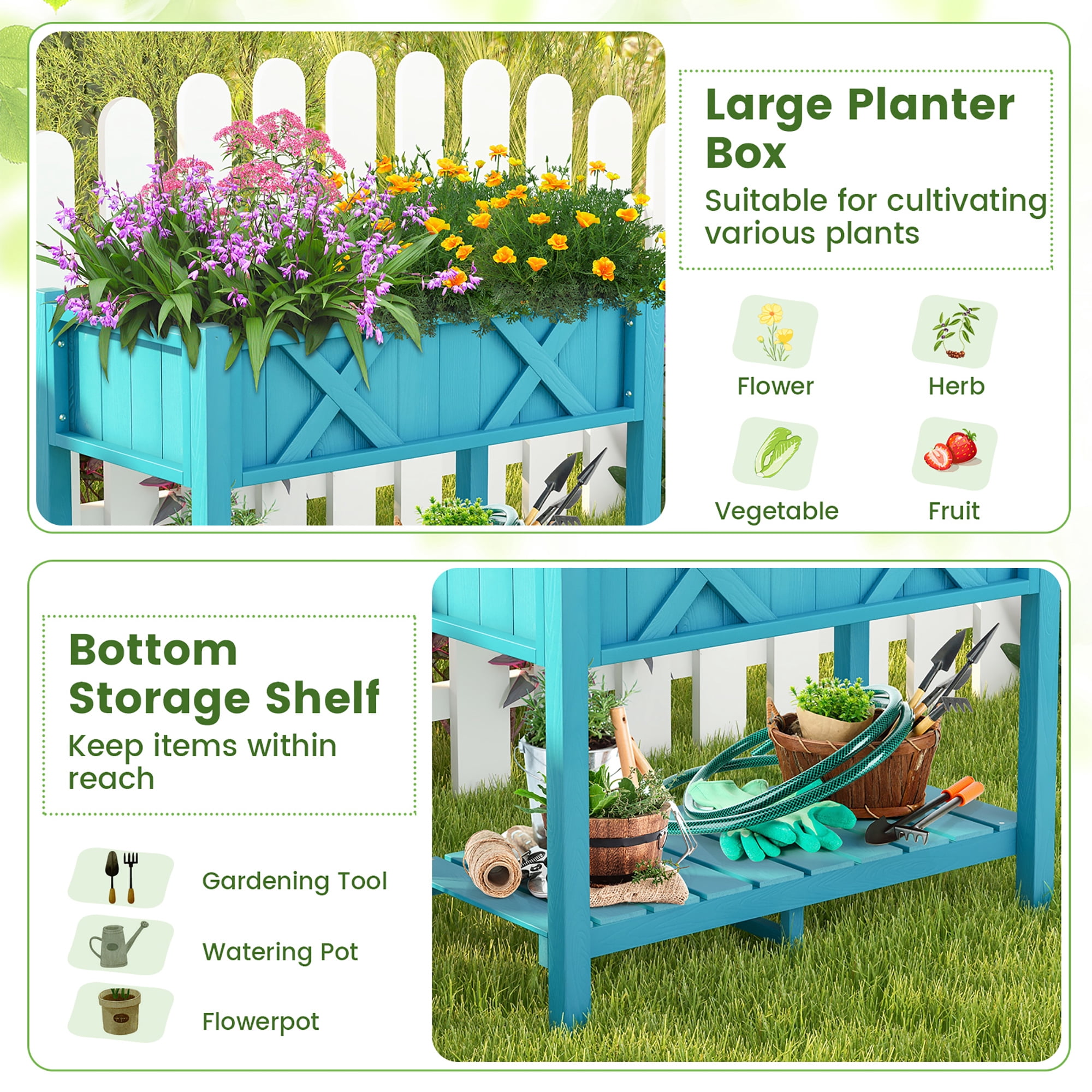 Gymax HIPS Raised Garden Bed Poly Wood Elevated Planter Box w/ Legs & Storage Shelf Blue