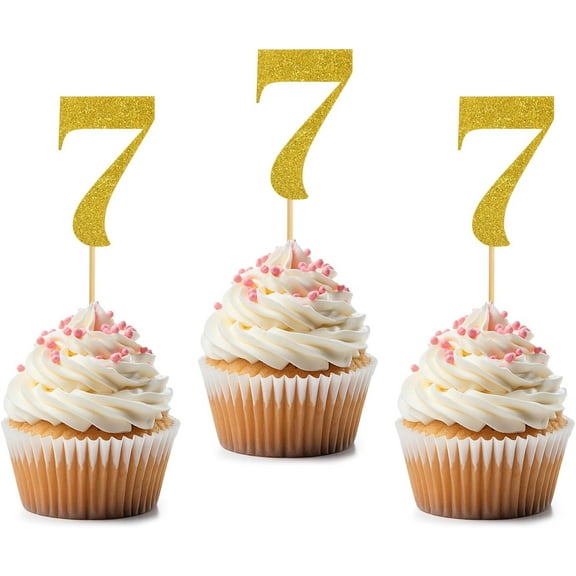 12pcs Number 7 Cupcake Toppers Glitter Gold Cake Picks for Birthday Wedding Anniversary Party Table Decorations