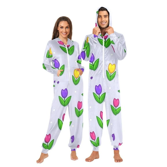 Colorful Flowers Adult onesie Pajamas, Crystal Velvet Ultra Soft Warm Jumpsuit for Men and Women