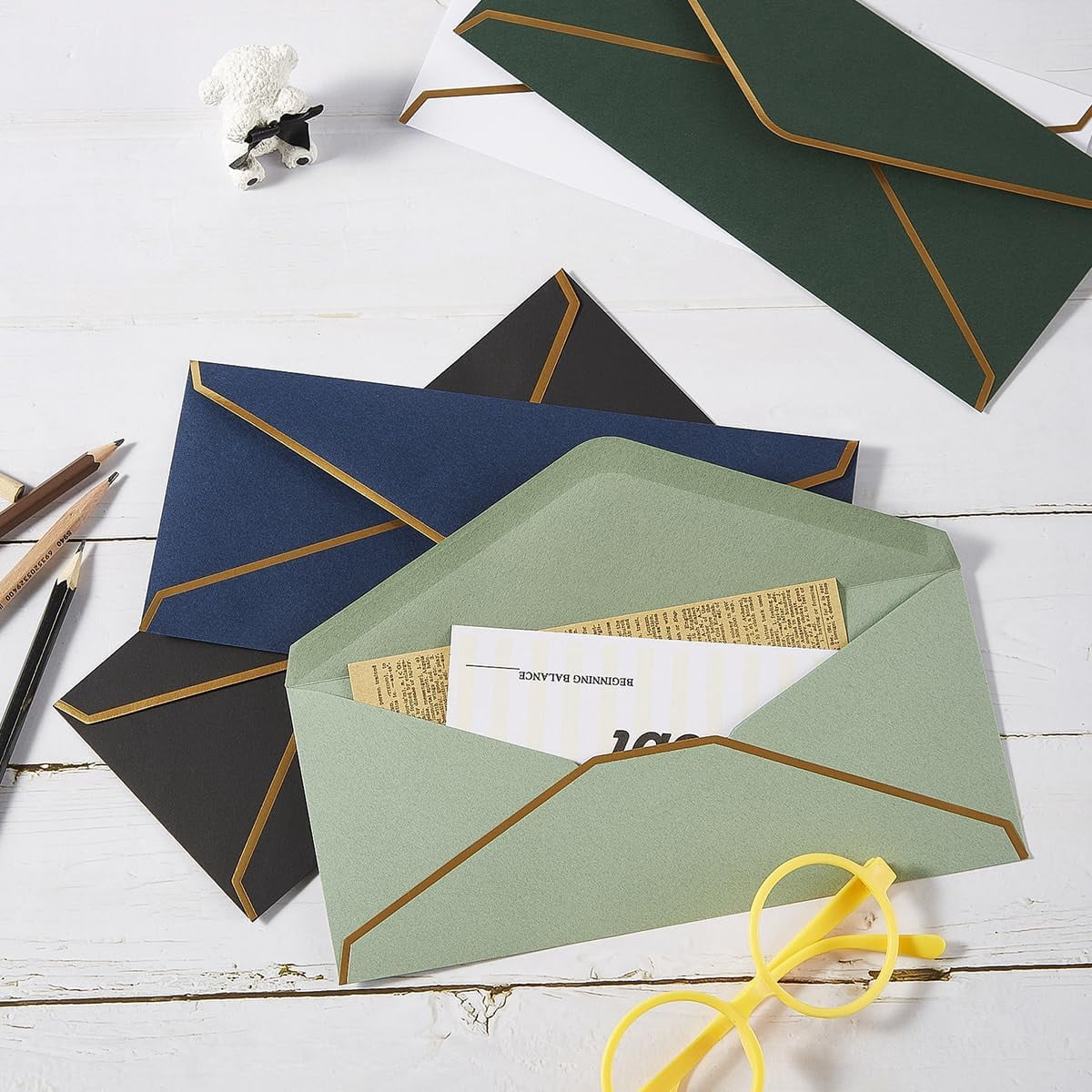 50 Pack #10 Business Envelopes with Gold Border, Self Seal Standard Envelopes with Gold Stickers for Office, Checks, Letter Mailing, Invoices, 4 1/8 x 9 1/2 Inches (Dark Green)