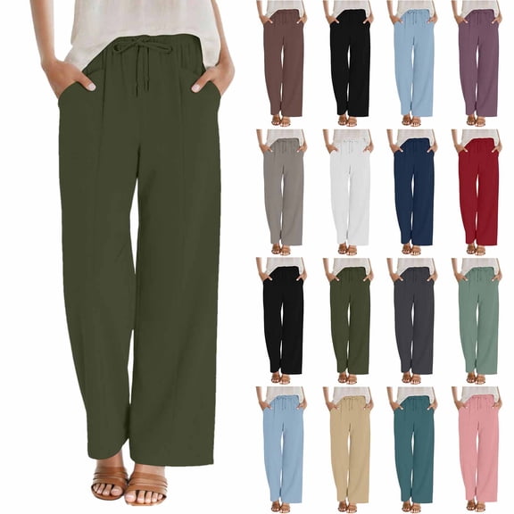 Xuniizn Womens Linen Pants Summer Casual Loose Elastic Waist Loose Fitted Beach Vacation Pants with Pockets Trendy Breathable Straight Baggy Cotton Trousers L
