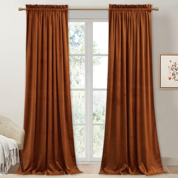 StangH Fall Curtains Burnt Orange Velvet Curtains Luxury Terracotta Thermal Insulated Room Darkening Bedroom Window Drapes for Li