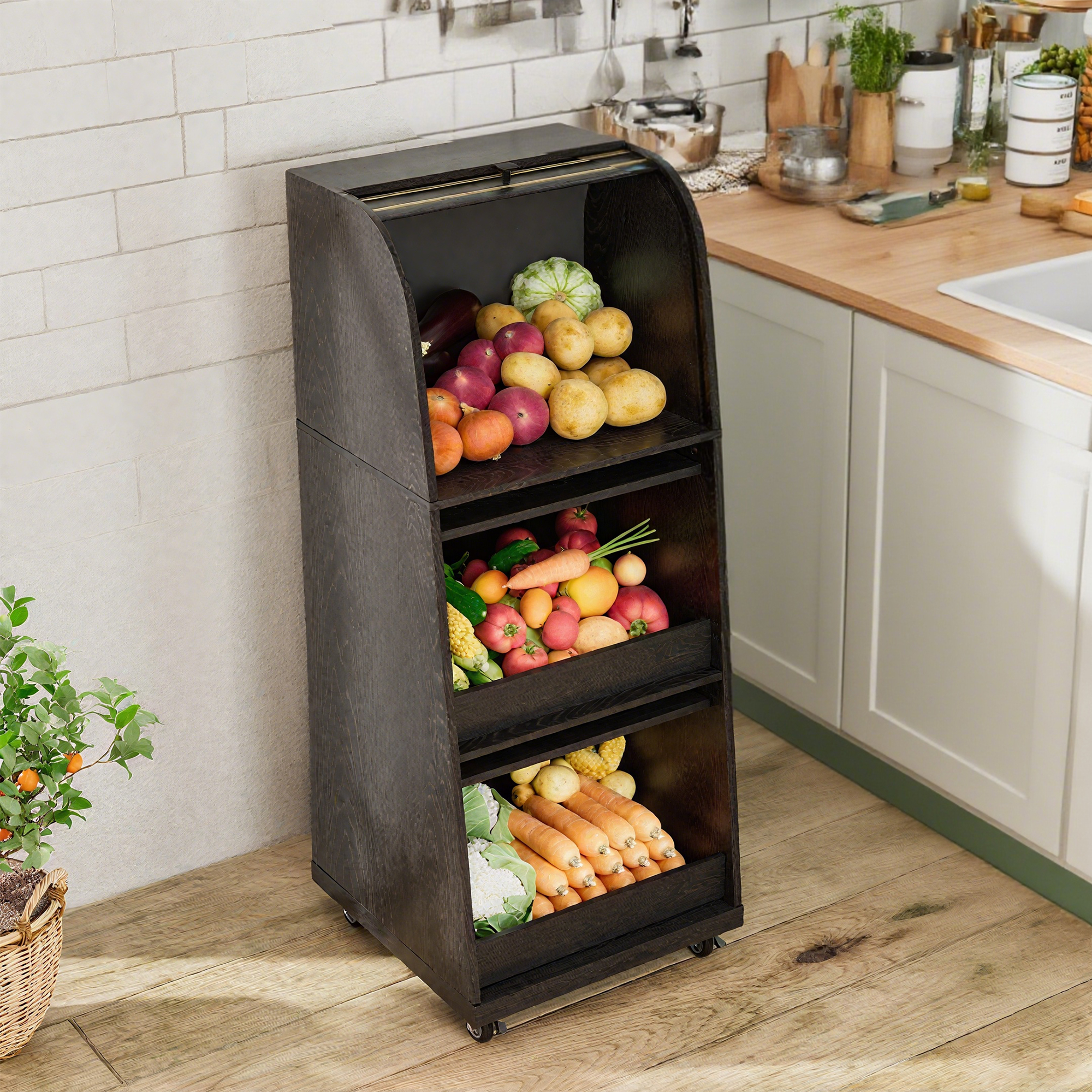 Onion and Potato Storage Bin Box, Movable Potato Bins with Sliding Door, Farmhouse Kitchen Pantry Cabinet