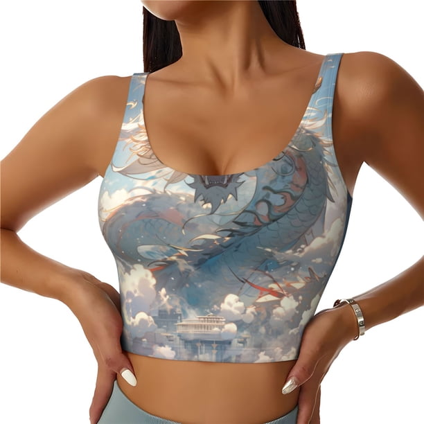 Balery Cool Cloud White Dragon Sujetadores deportivos con espalda cruzada para mujer, acolchados, sin costuras, de alto impacto, ideales para yoga, gimnasio, entrenamiento y fitness.-