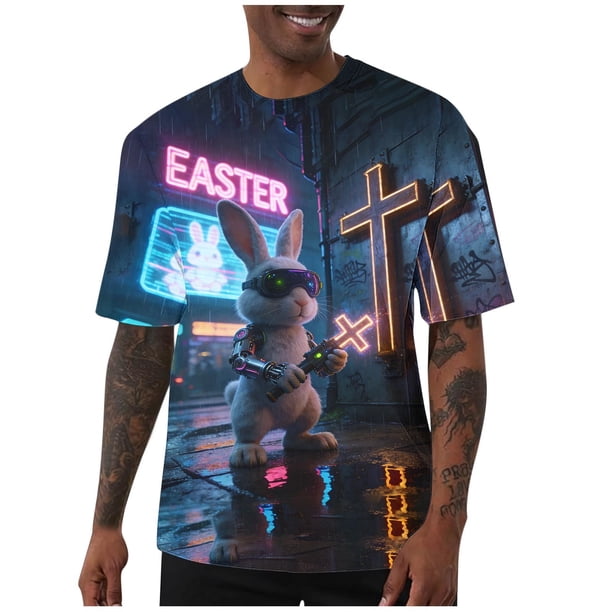 Camisas de Manga Corta de los Hombres Casual Pascua-Impresión Suelta Deportes Elásticos Cuello Redondo Top Blusa para el Uso Casual