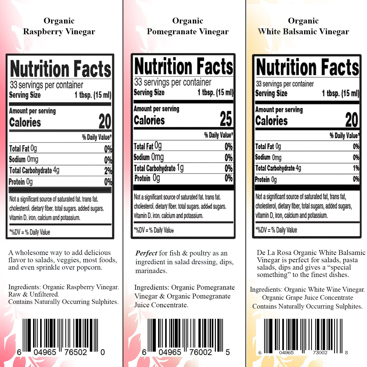 De La Rosa Organic Vinegar Variety Pack, Raspberry, Pomegranate & White Balsamic Vinegar, Vegan, Kosher, Non-GMO