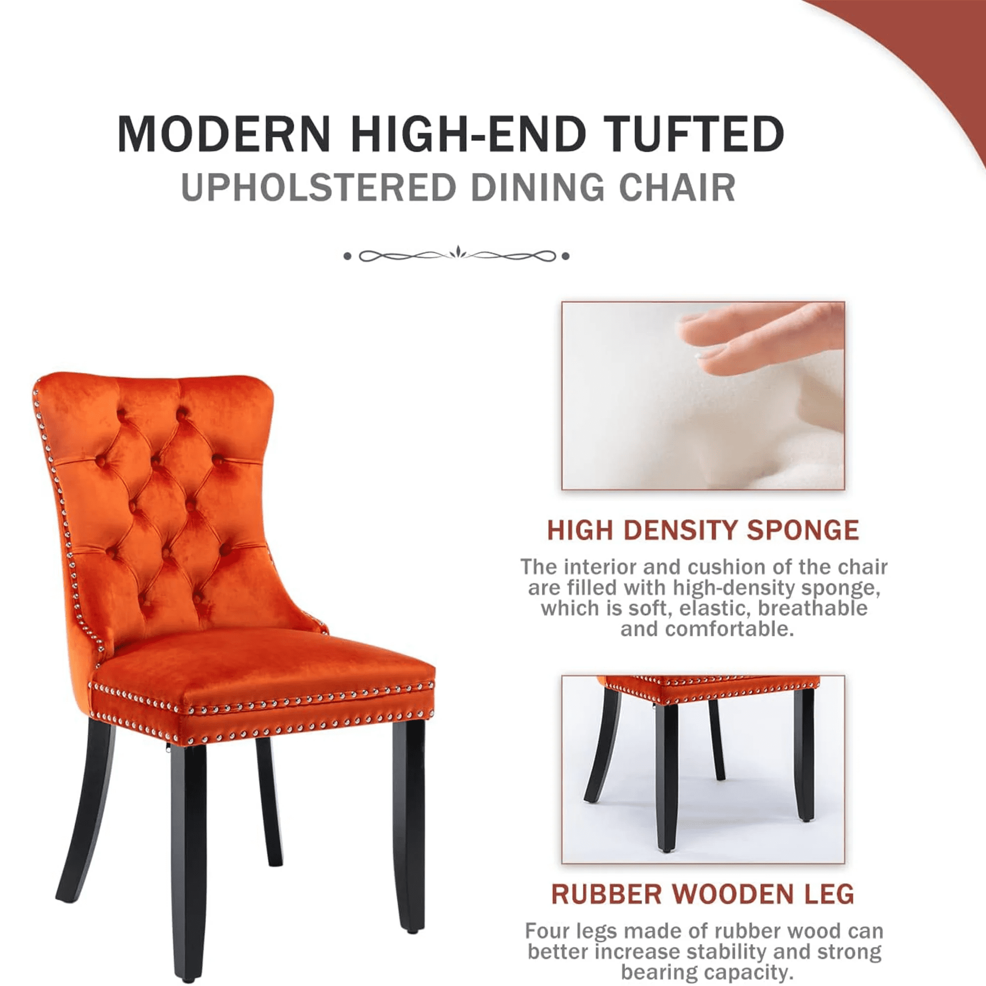 Dining Chairs Set of 2, Upholstered High-End Tufted Dining Room Chair with Back Ring and Nailhead Trim, Modern Velvet Kitchen Chairs with Solid Wood Legs for Kitchen, Home,Orange