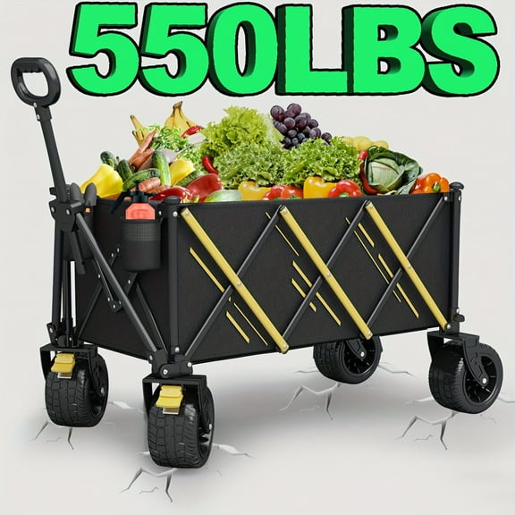550LB Capacity Collapsible Garden Wagon Cart - 360° All-Terrain Wheels, 30" Wide, Heavy-Duty Outdoor Utility Cart for Beach, Lawn, Camping & Yard Work - Foldable with Handle