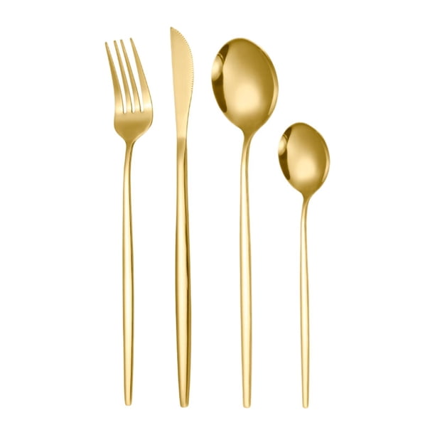 Juego de cubiertos de 4 piezas para cenas familiares y apartamentos. Dorado