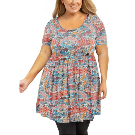 

SHOWMALL Women Plus Size Shirt Babydoll Tops Cashew Blue 2X Scoop Neck Summer Maternity Short Sleeve Tunic Tee Clothing for Leggings