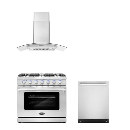 Cosmo 3 Piece Kitchen Appliance Packages with 36  Freestanding Gas Range Kitchen Stove 36  Wall Mount Range Hood &amp; 24  Built-in Fully Integrated Dishwasher Kitchen Appliance Bundles